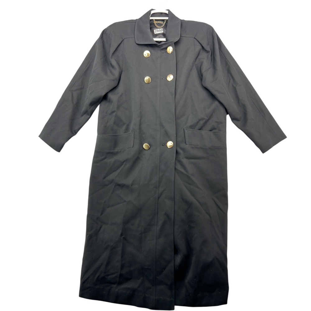 Sara Roberts Womens Black 100% Pure Wool Double Breasted Long Coat Gold Buttons